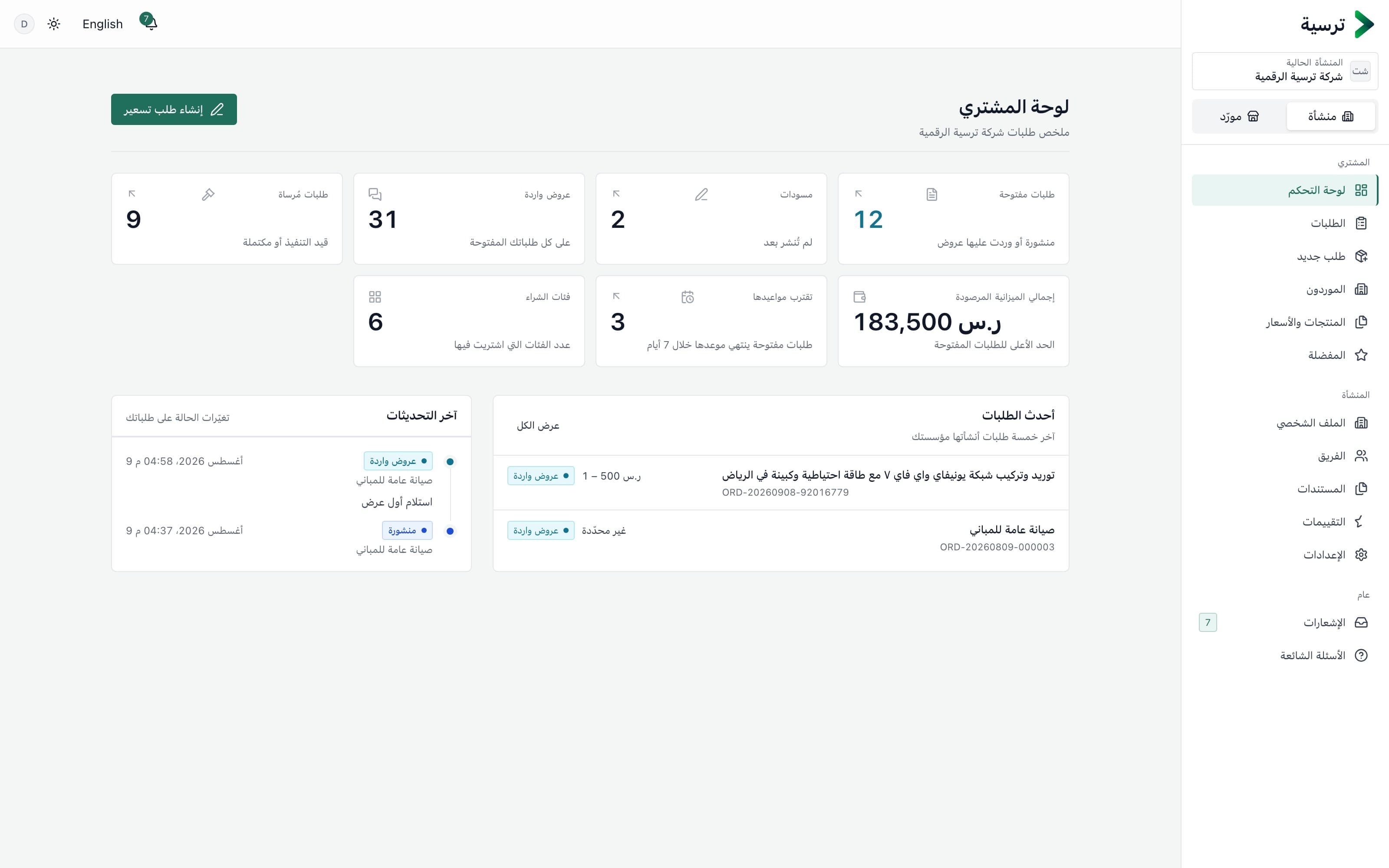 لوحة المشتري: الطلبات والعروض والحالة في شاشة واحدة